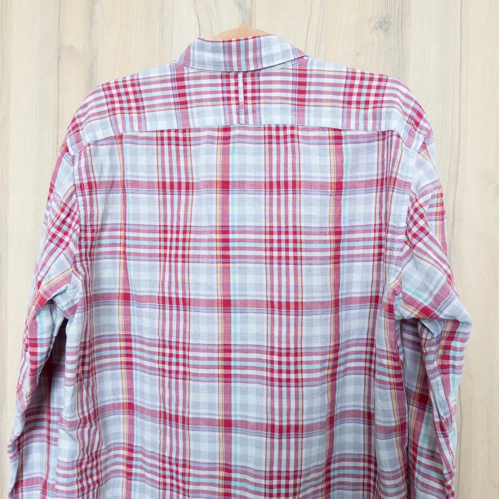 Banana Republic Mens Linen Plaid Button Down Shirt Large Red Long Sleeve Preppy